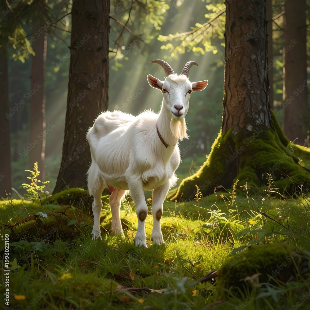 Naklejka premium A white goat stands in a forest clearing