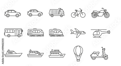 Collection of hand-drawn transportation icons in a simple line art style.
