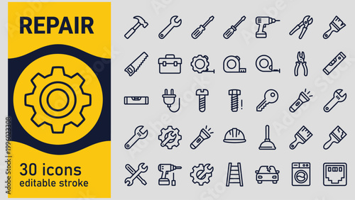 Collection of line icons for repair and maintenance services including tools and equipment  repair icons set