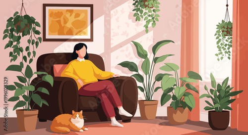 Obraz na płótnie A woman relaxes in a comfortable armchair surrounded by lush houseplants and a g
