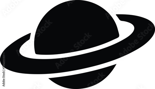 Saturn Planet Icon Simple Ringed World Symbol, Minimal solid icon of a ringed planet like Saturn, representing space, astronomy, celestial bodies, and cosmic exploration in bold simple style.
