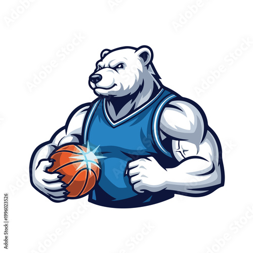 A powerful, muscular polar bear mascot wearing a blue jersey holds a basketball, poised for a slam dunk, set against a clean white background with a determined expression