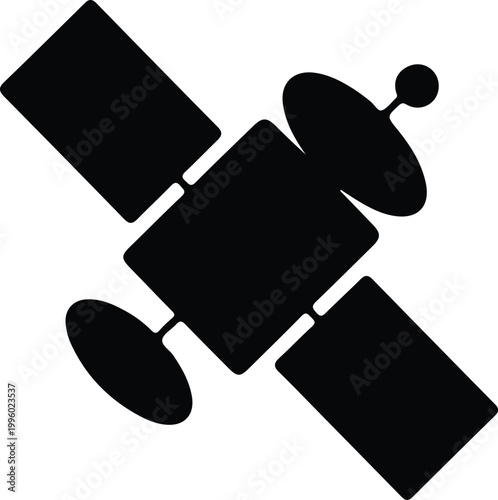 Satellite Icon Tilted Space Communication Symbol, Minimal solid icon of a tilted satellite, representing space communication, data transmission, global connectivity, and aerospace technology in bold d