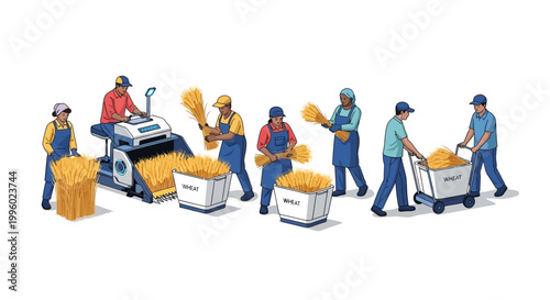 Workers in warehouse loading boxes with products on assembly line