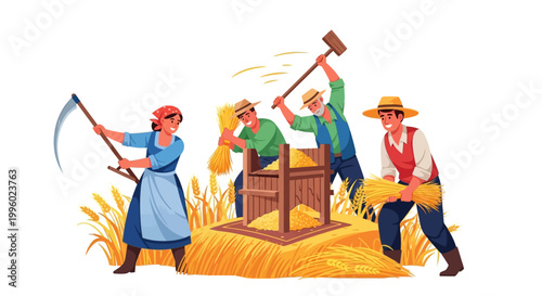 Farmers harvesting wheat with tools in a field scene outdoors