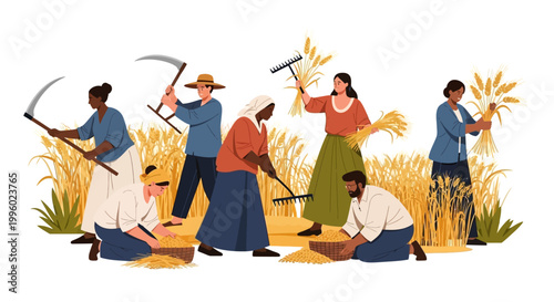 Farmers harvesting wheat in a field with tools and people working together outdoors