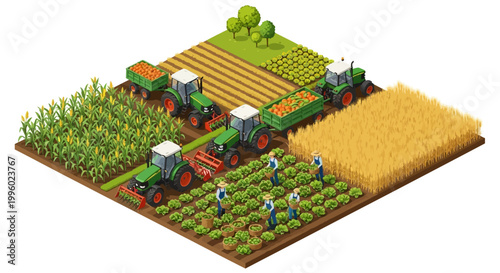 Tractors harvest crops on a farm with workers amidst fields of corn, wheat, and vegetables.