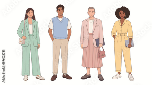 Diverse Young Adults Four Standing Gen-Z Pastel Casual Fashion Blazer Jumpsuit Skirt Flat Vector Illustration