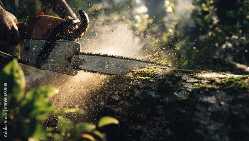 Close-up of a Chainsaw Cutting Through a Mossy Tree Trunk in a Forest.