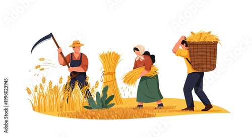 Farmers harvesting wheat in a golden field with tools and baskets