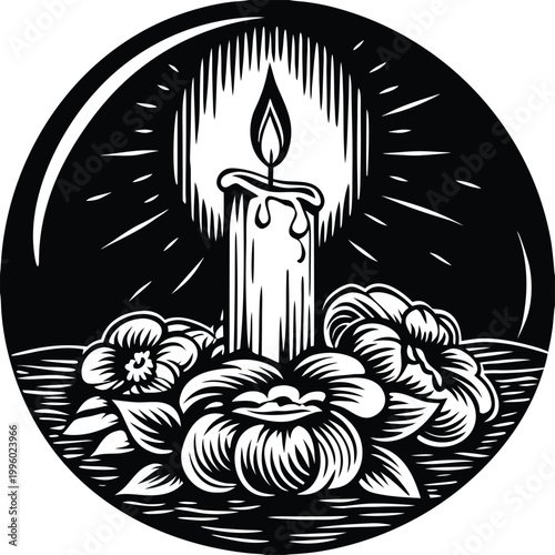 Black and white candle, floral arrangement, monochrome illustration, vintage style icon