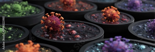Abstract representation of various colored viruses in petri dishes.