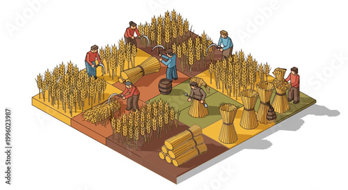 Workers harvesting wheat in a sunny agricultural field landscape