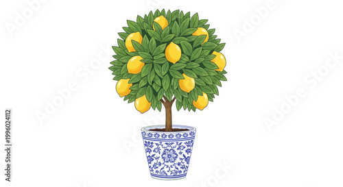 A vibrant illustration depicts a lemon tree laden with ripe fruit growing within a decorative pot