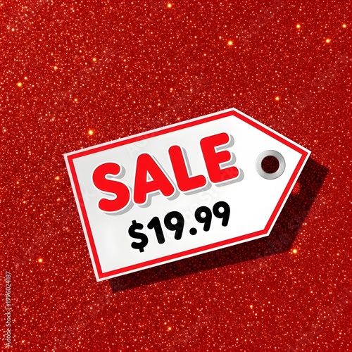 Dazzling red glitter backdrop showcasing a prominent white price tag with bold 'SALE' text and '$19.99', symbolizing enticing retail promotions and special shopping offers