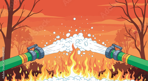 Firefighters spray water from hoses to extinguish blazing forest wildfire in countryside.