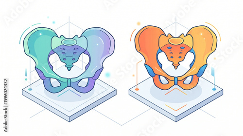 Anatomical Comparison of Male and Female Pelvis Bones – Human Skeletal System Medical Illustration