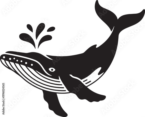 Minimalist black and white humpback whale spouting water in a dynamic pose