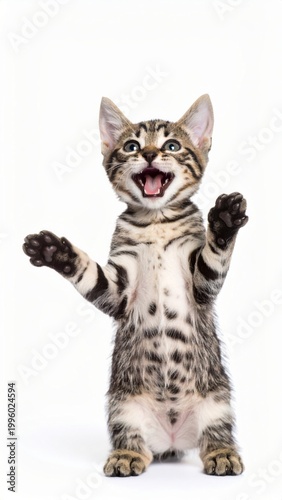 Cute tabby kitten standing with raised paws, isolated on white