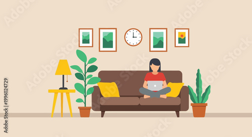 A woman sits comfortably on a brown sofa working on a laptop in a cozy decorated living room