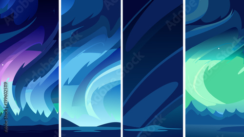 Abstract vertical panels showcase swirling colorful aurora borealis scenes with mountainous landscapes