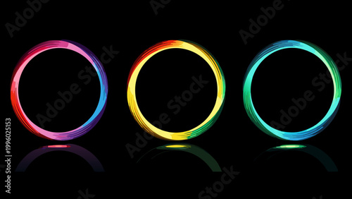 Three vibrant glowing oval frames with reflections on a dark black background