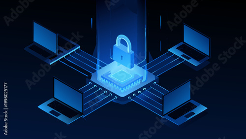 Isometric illustration depicting cybersecurity with a central lock and connected computers