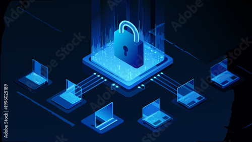 Digital security concept featuring a glowing padlock above interconnected devices