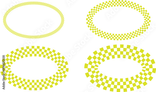 Abstract oval halftone frames set with dotted patterns on white background. Yellow geometric ellipse borders create modern decorative shapes. Ideal for banners, labels, design templates .