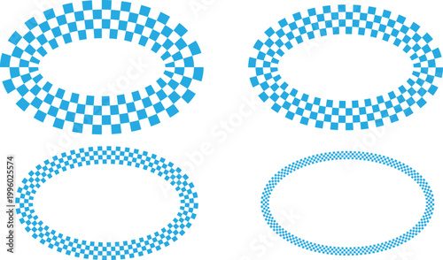 Blue checkered oval frames set on white background. Geometric elliptical borders create modern decorative shapes. 