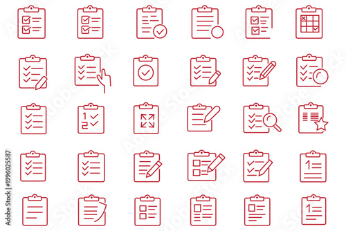 Clipboard icon set. Checklist on the clipboard line icon with checkmarks, checklist, document, gear, pencil. Clipboard outline icons. Checklist symbol.