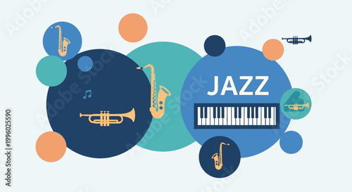 Vibrant Jazz Music Illustration with Instruments and Keyboard Dynamic Vector Art for Events Promotions