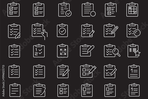 Clipboard icon set. Checklist on the clipboard line icon with checkmarks, checklist, document, gear, pencil. Clipboard outline icons. Checklist symbol.