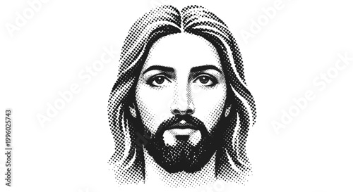 Jesus Christ Face Portrait, Religious Iconography, Christian Symbolism, Vintage Engraving Style