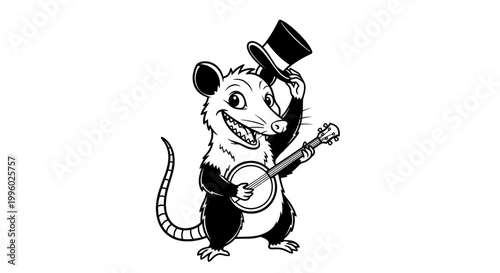 Bild auf Leinwand Opossum playing banjo, tipping top hat, cartoon style, black and white illustrat