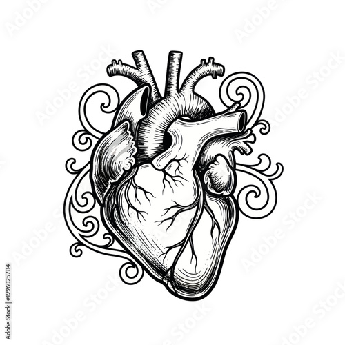 Anatomical Heart Illustration with Swirls - Black and White Sketch