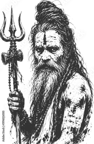 Hand Drawn Sketch of Indian Sadhu with Long Beard and Ash Covered Face Holding Trishul, Intense Eyes Spiritual Portrait Black and White Art Illustration