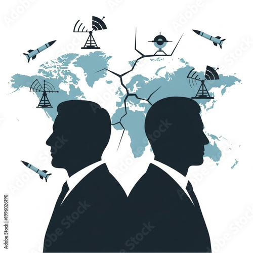 Two silhouettes of men facing away from each other with a cracked world map and military symbols.