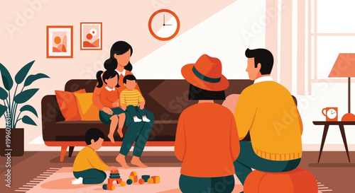 A family gathers in a warmly lit living room engaging in conversation and play together