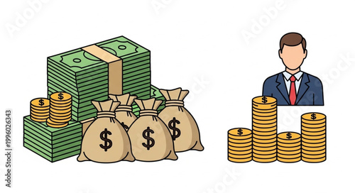 Wealth accumulation and financial success represented by money bags and coins.