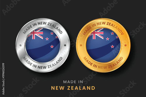 Circular gold and silver labels with the New Zealand flag. High-quality "Made in New Zealand" emblems for local products, exports, and manufacturing origin certification