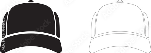 Baseball cap front view, sports and fashion headwear symbol, vector icon in two styles: glyph and outline.