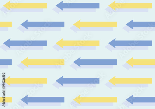 左方向に進む2色の長い矢印が規則正しく並んでいるデザイン（青・黄色）