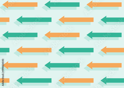 左方向に進む2色の長い矢印が規則正しく並んでいるデザイン（オレンジ・緑）
