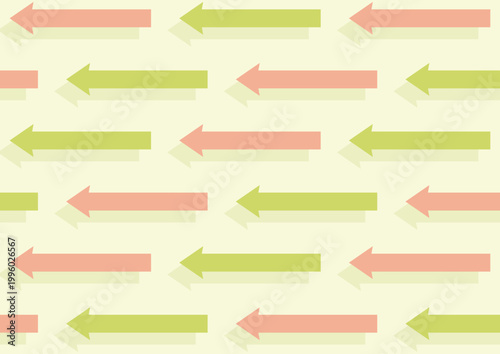 左方向に進む2色の長い矢印が規則正しく並んでいるデザイン（ピンク・黄緑）