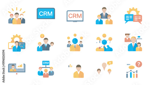 CRM icons illustrating customer relationship management, business, and team communication strategies