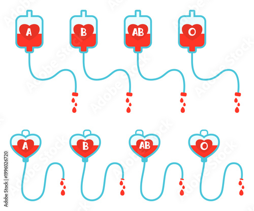 Blood types A B AB and O in plastic bags for transfusion and donation charity events on World Blood Donor Day hand drawn illustration isolated on white