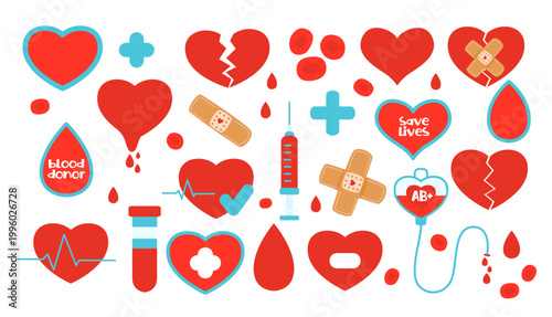Medical icons collection with hearts test tubes and blood drops for healthcare design and donor day promotion hand drawn illustration isolated on white