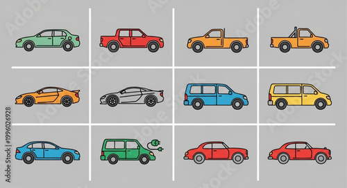 Collection of diverse car illustrations in a grid layout.