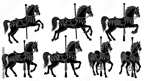 Carousel Horses Silhouette Collection, Vintage Amusement Park Ride